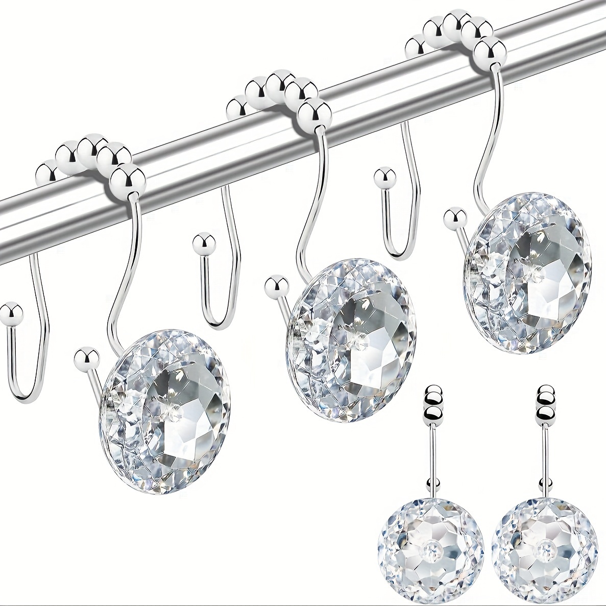 Image of 12pcs Shower Curtain Hooks With Double Rings, Decorative Rhinestones Hangers For Shower Curtains, Clothing, Towels, Etc.
