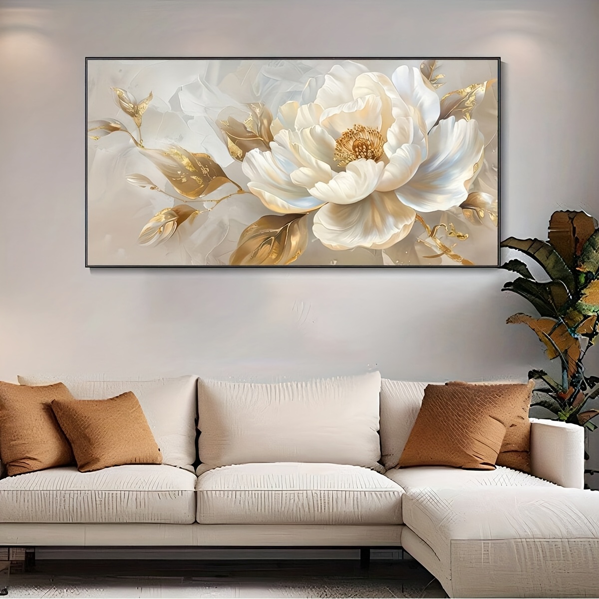 TEMU 1pc Frameless Elegant Modern Abstract Camellia Canvas Art - White Flowers & , Waterproof Wall Decor For Living Room, Bedroom, Kitchen, Bathroom,
