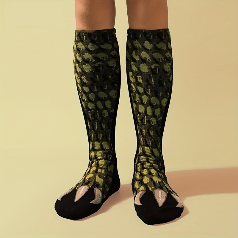 Image of 1 Pair Realistic 3d Dinosaur Socks With & Scale Print, Knee--size-fits-all (s/) Dino Foot Paws For Costume Parties, Novelty Gift For & - Hand Wash Only