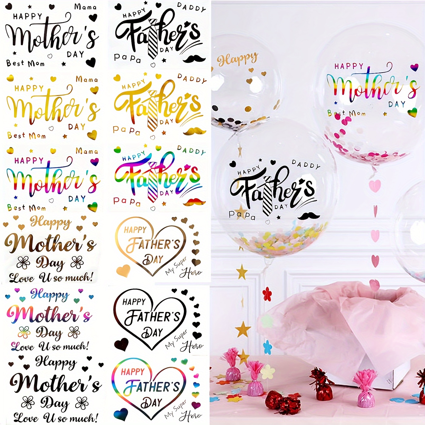 

24pcs 18 Inch Bobo Ball Mother's Day Father's Day Sticker Set Diy English Transparent Balloon Sticker Self-adhesive Indoor Outdoor Festival Decoration