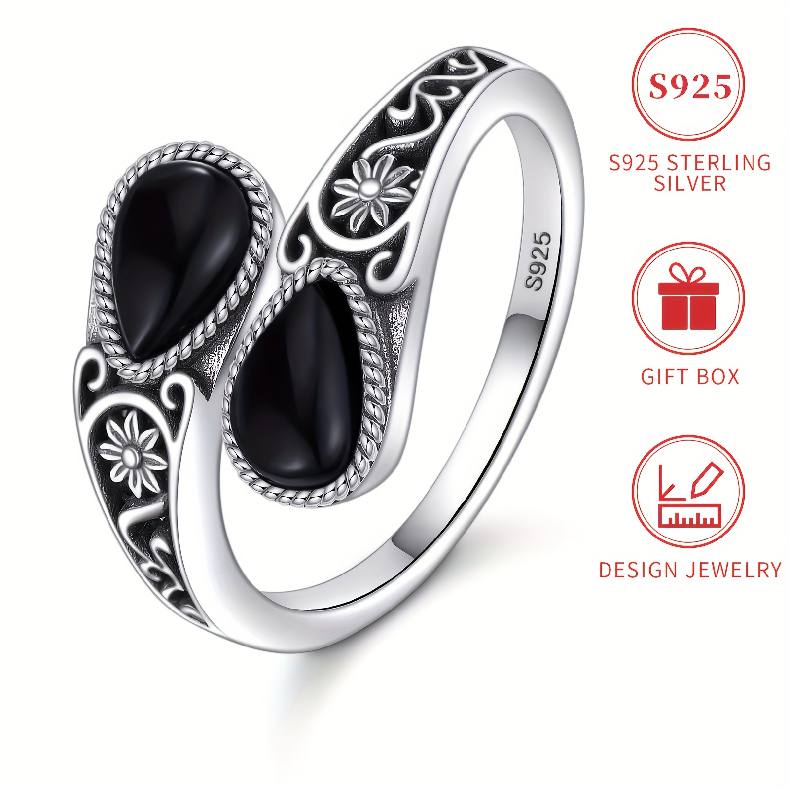 TEMU S925 Sterling Silver Synthetic Gemstone Women's Ring Spoon Ring Hypoallergenic Nickel Free Victorian Retro Style Adjustable Statement Thumb