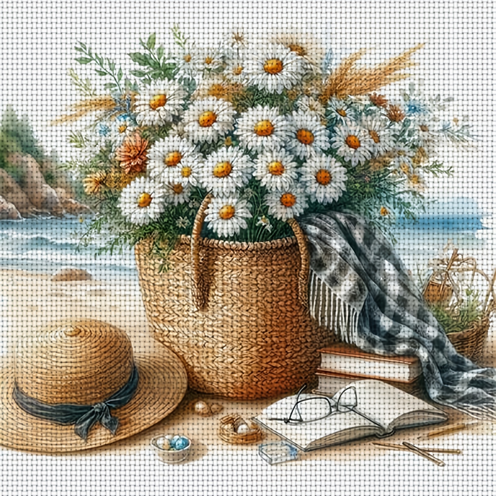 DIY Cross-stitch Printed Kit, Unframed, Beach Straw Basket Daisy Pattern