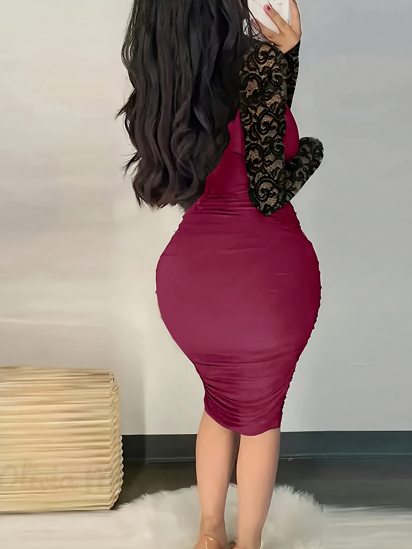spring autumn elegant party black contrast lace spliced long - Temu