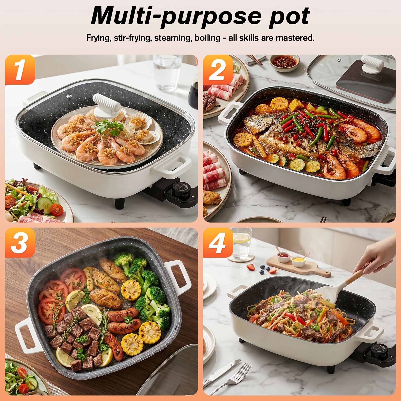 Non-stick Multifunctional Electric Cooking Pot with Aluminum Alloy Inner Pot, Glass Lid And Knob Thermostat. All-in-one for Frying, Grilling, Braising, Stewing And Hot Pot, Serves 2-6 People. Ideal for Home, Parties, Camping And Holiday Gifts.