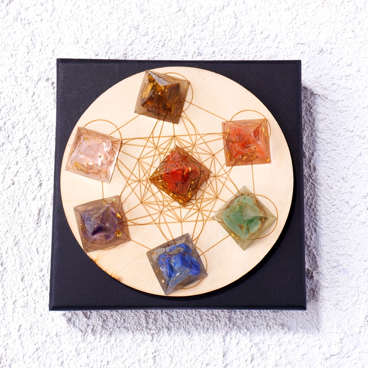 

Apengshi Elegant Crystal Pyramid Set Of 7, Mini Resin Gemstones With Wooden Display Plate For Home Desk Decor - Natural Stone