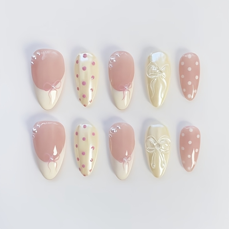 TEMU 10pcs Danartlux On Nails Suitable For Women - Almond Shape Medium Length Full Cover Reusable Fake Nails With Glossy Tip, Nude & Polka Dot , Nail