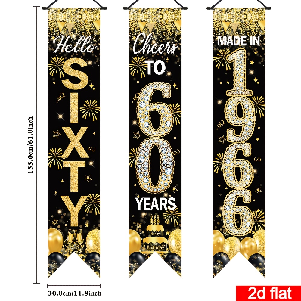 2d Flat Banner, 3pcs, Happy 60th Birthday Porch Sign Banner, Black And Golden Theme Party Banner, Polyester, Hanging Decorations For Home Wall Living Room, Yard, Garage Decor Supplies