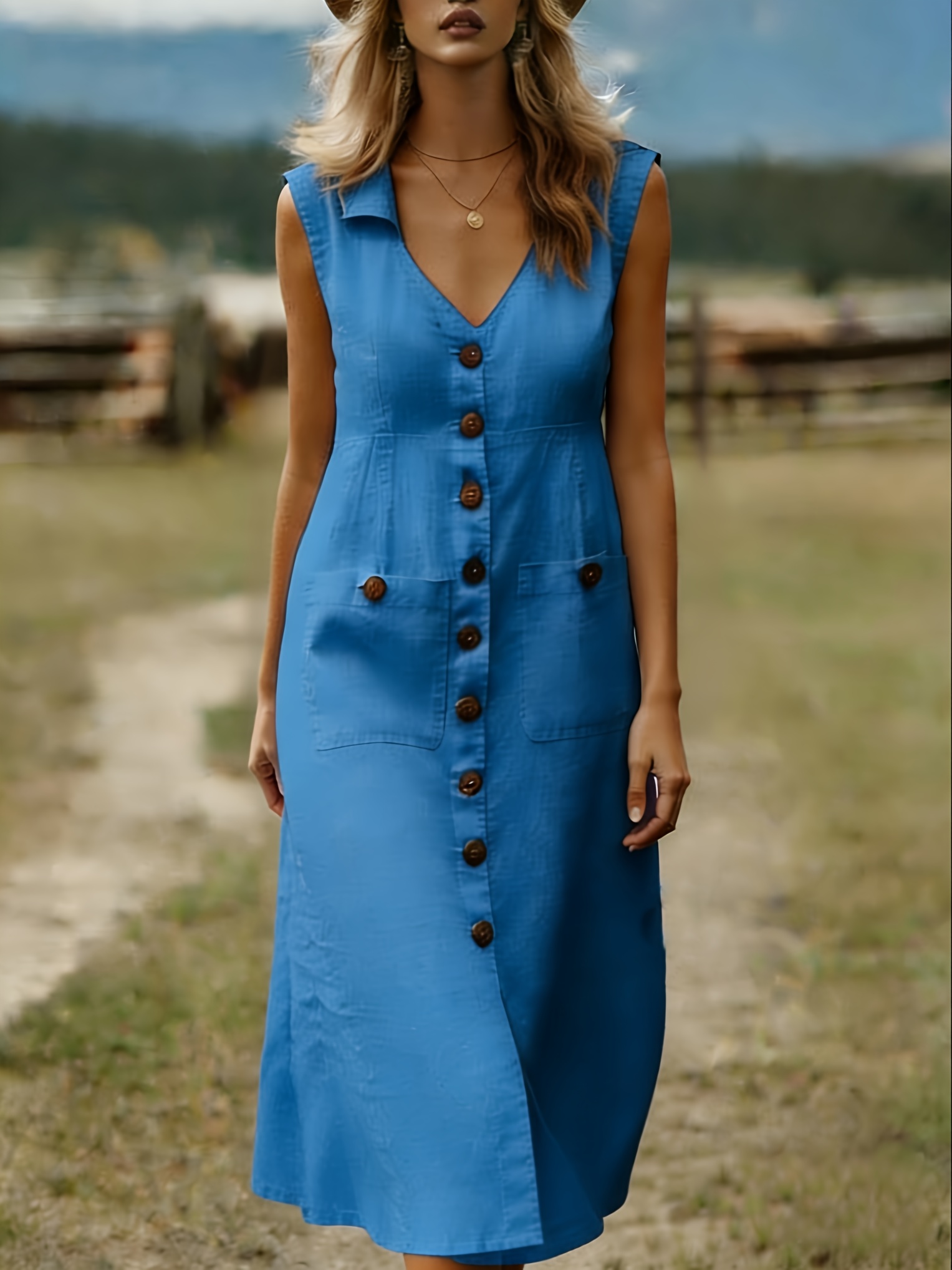 V-neck Single Breasted Solid Color Dress, Pocket Sleeveless Vest Dress,  Women's Dress, Women's Fashion Dress, Women's Clothing