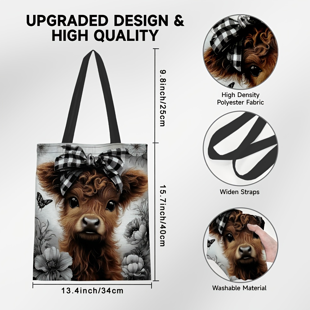 Image of 1pc, Highland Cow Printed Tote Bag - Large Capacity Portable Shopping Bag, Perfect For Shopping, Travel, Or Work, Durable, Animal-themed Handbag