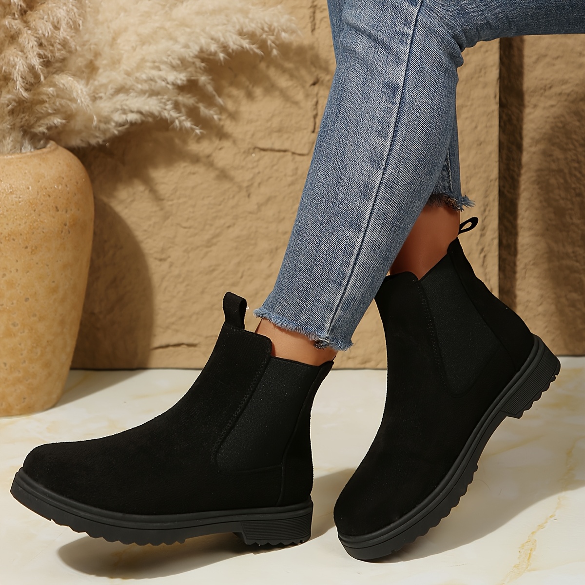 Chelsea Boots Black Round Toe Booties Women'S Stretch Chelsea