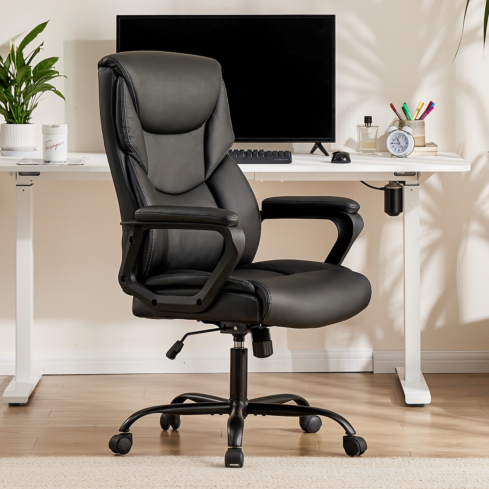 

Olixis Office Chair - Mid Back Computer Desk Chair With Wheels, Ergonomic Executive Swivel Chair With Lumbar Support, Armrest For Home Office