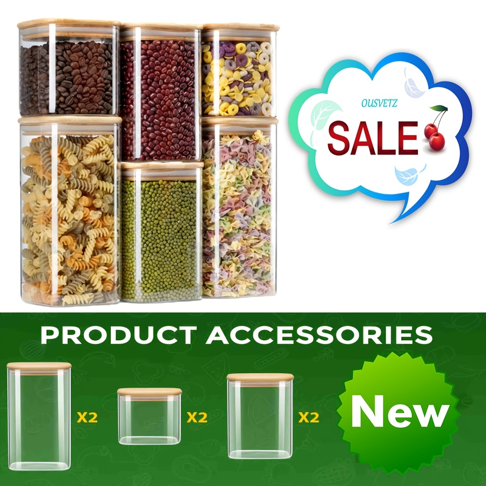 6/4pcs, Large Capacity Square Glass Jar For Storing Candy, , Rice, Sugar, Flour, Pasta, Cereal, Nuts And Spices Jar, Food Storage > Food Dispenser