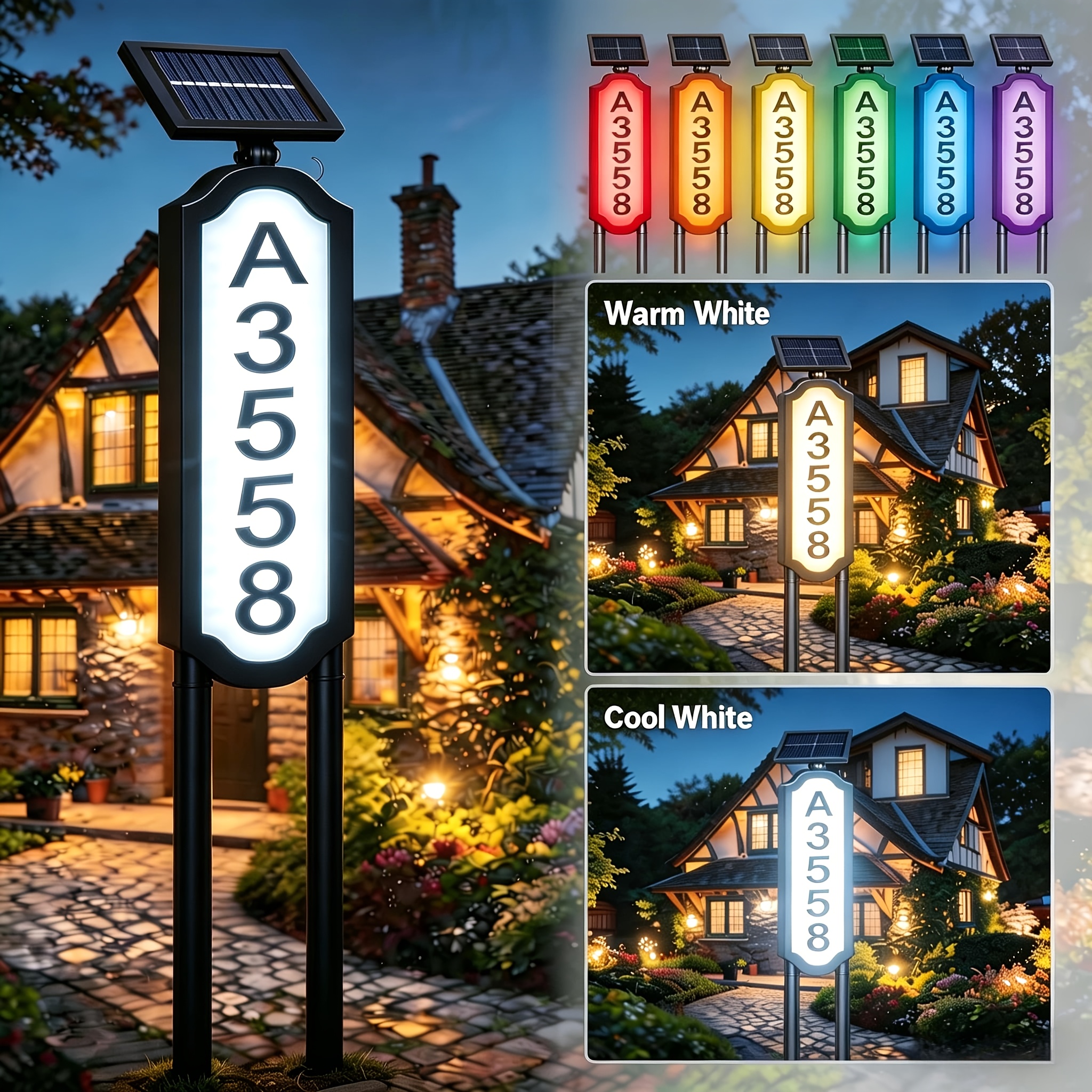 TEMU Double Stake Solar Address Sign Light, Led Illuminated House Number Plaque With Numbers, Solar Powered Yard Address Marker For Outdoor Use