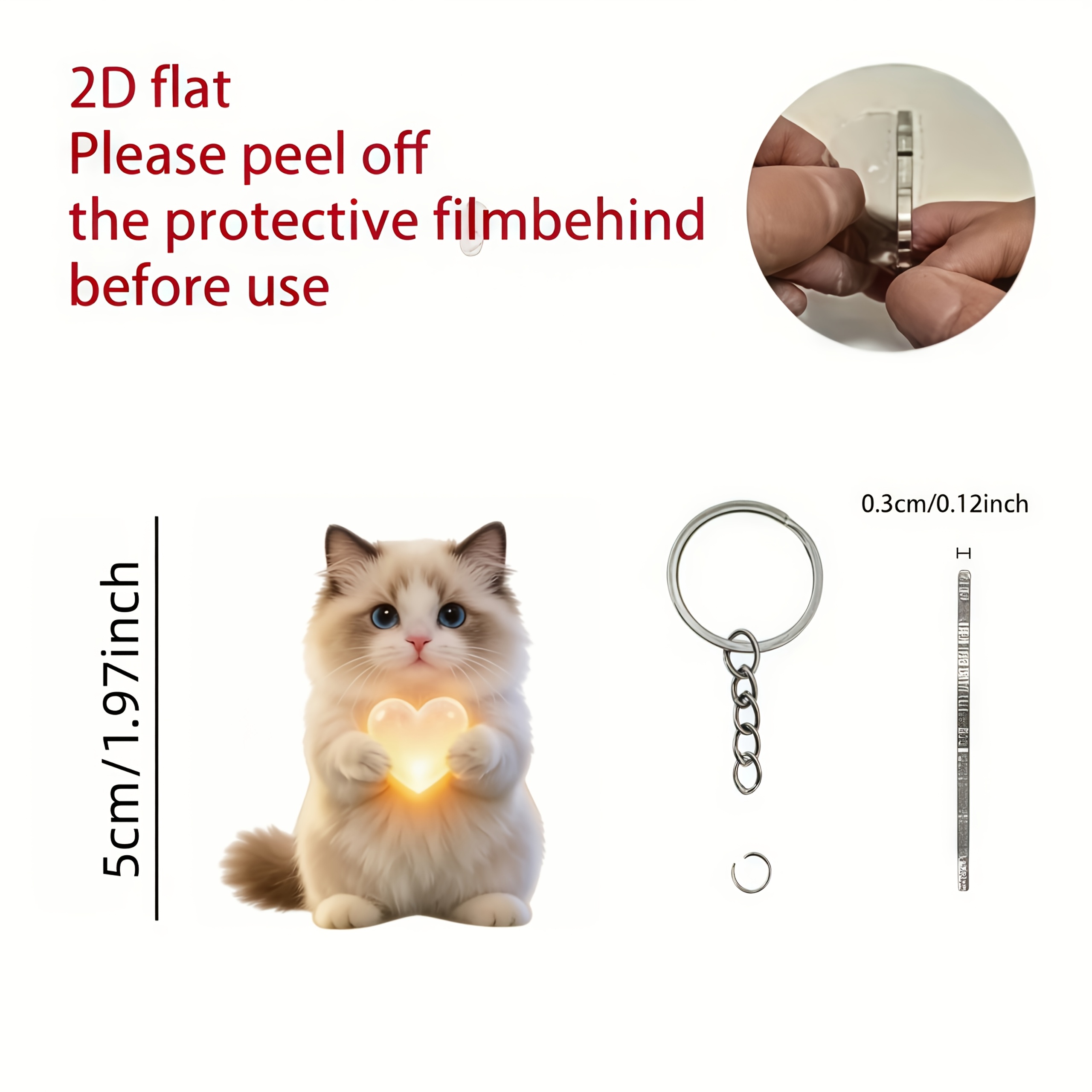 TEMU 2d Flat, 1pc Cute Ragdoll Cat Holding A Glowing Heart Keychain, Fun 2d Acrylic Multi-functional Keychain Decoration, Suitable For Car Keychains,