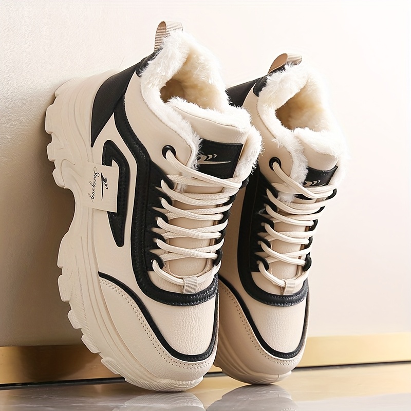 womens winter boots thick warm high top shoes with cushioned pvc sole beige white black synthetic cover upper non slip traction outdoors everyday formal events cold weather footwear winter shoes outdoor footwear plush lined interior durable traction footwear seasonal footwear   cozy lining office wear Product details 0