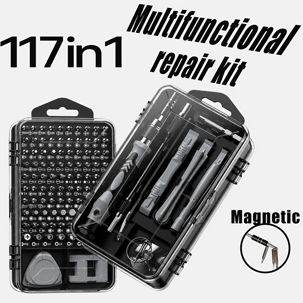 a 117 in 1 multifunction screwdriver set that allows for precise disassembly and can handle everything from phones to computers and watches   it     repair needs with strong magnetic bits and a non slip handle Product details 3