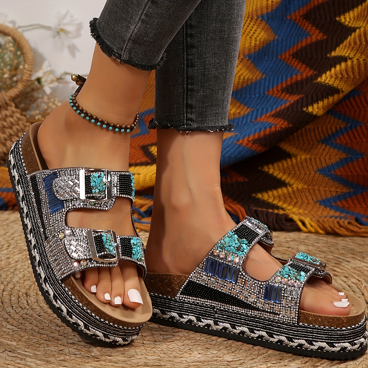 womens platform slide sandals with   embellished buckles slip on open toe summer wedge sandals synthetic cover pu sole for beach vacations casual   strappy sandals beach vacation shoes durable   insole details 7