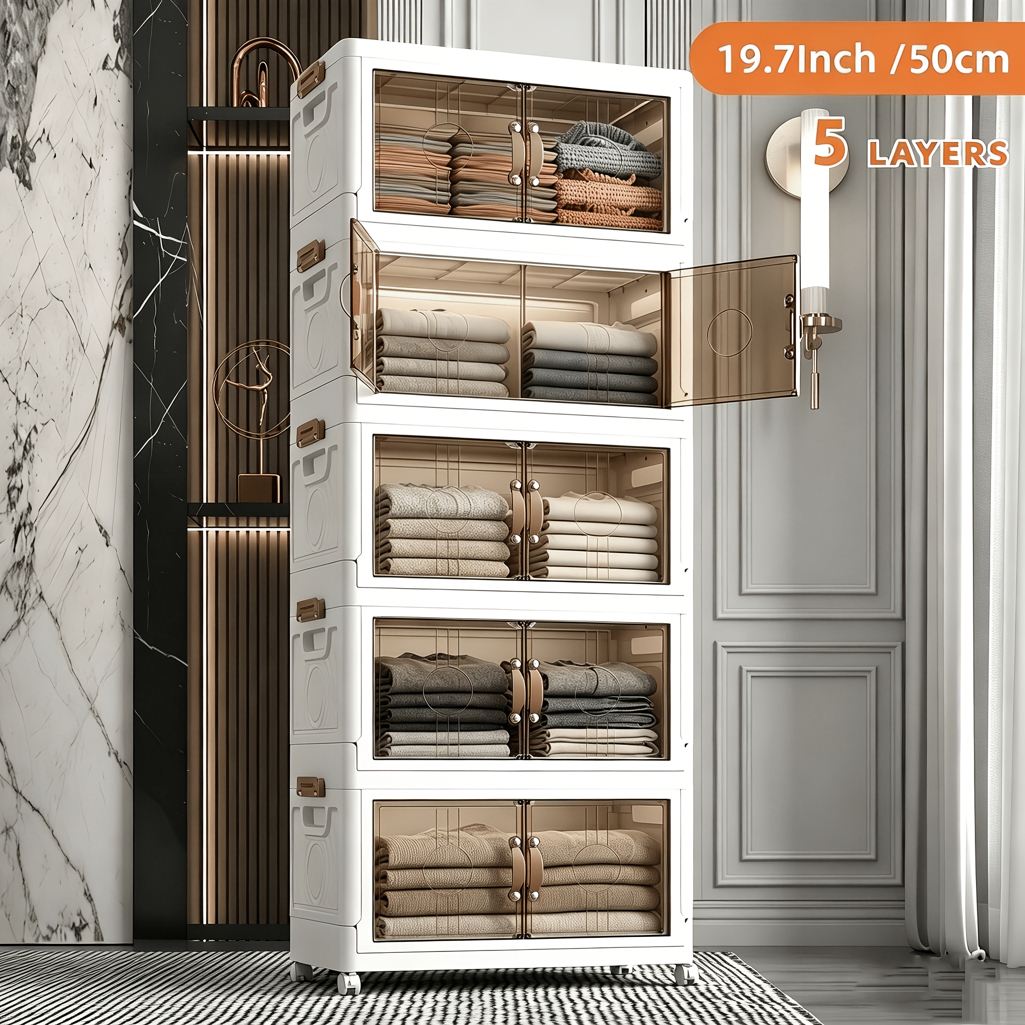 TEMU Largeur de 49 cm (19,29 po) - Boîte de rangement pliable avec panneau de porte transparent, boîte de rangement portable de grande capacité,