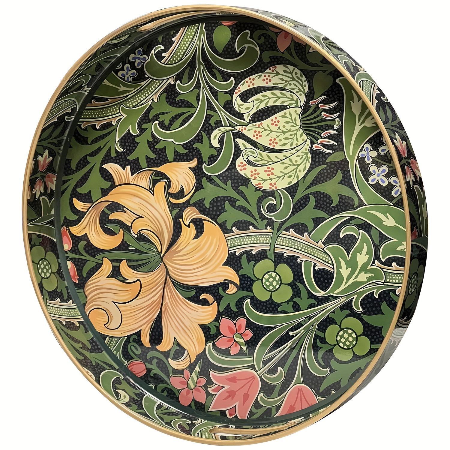 

1pc Round Decorative Tray - Green Flower Vine Style, Marbling Plastic Tray With Handles, Modern Vanity Tray And Serving Tray For Ottoman, Coffee Table, Kitchen And Bathroom, Size 13