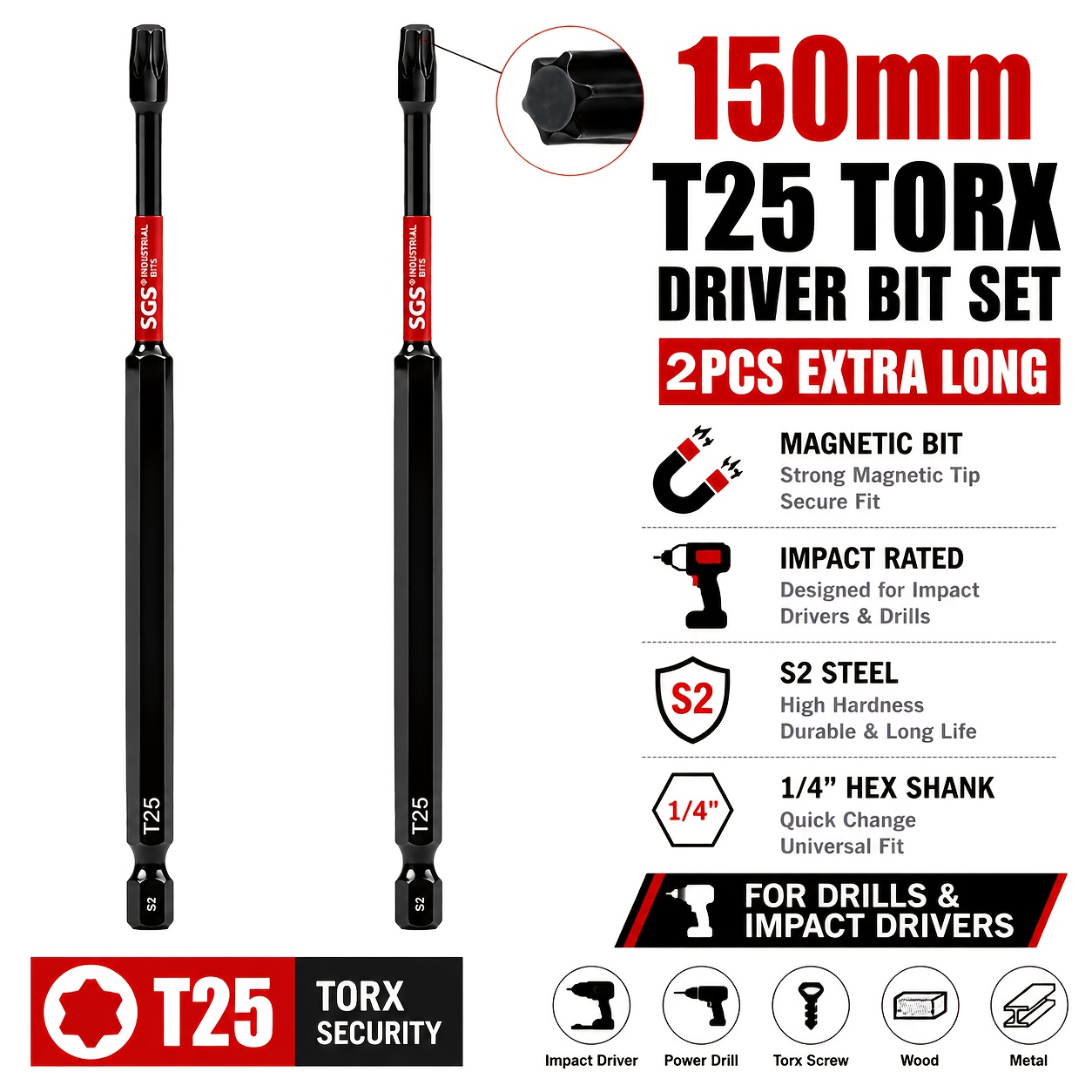 TEMU Ultra Long T25 Magnetic Screwdriver Bit 150mm - S2 Steel Impact Torx Drill Bit For Woodworking, Furniture Installation, Auto Repair & Tight