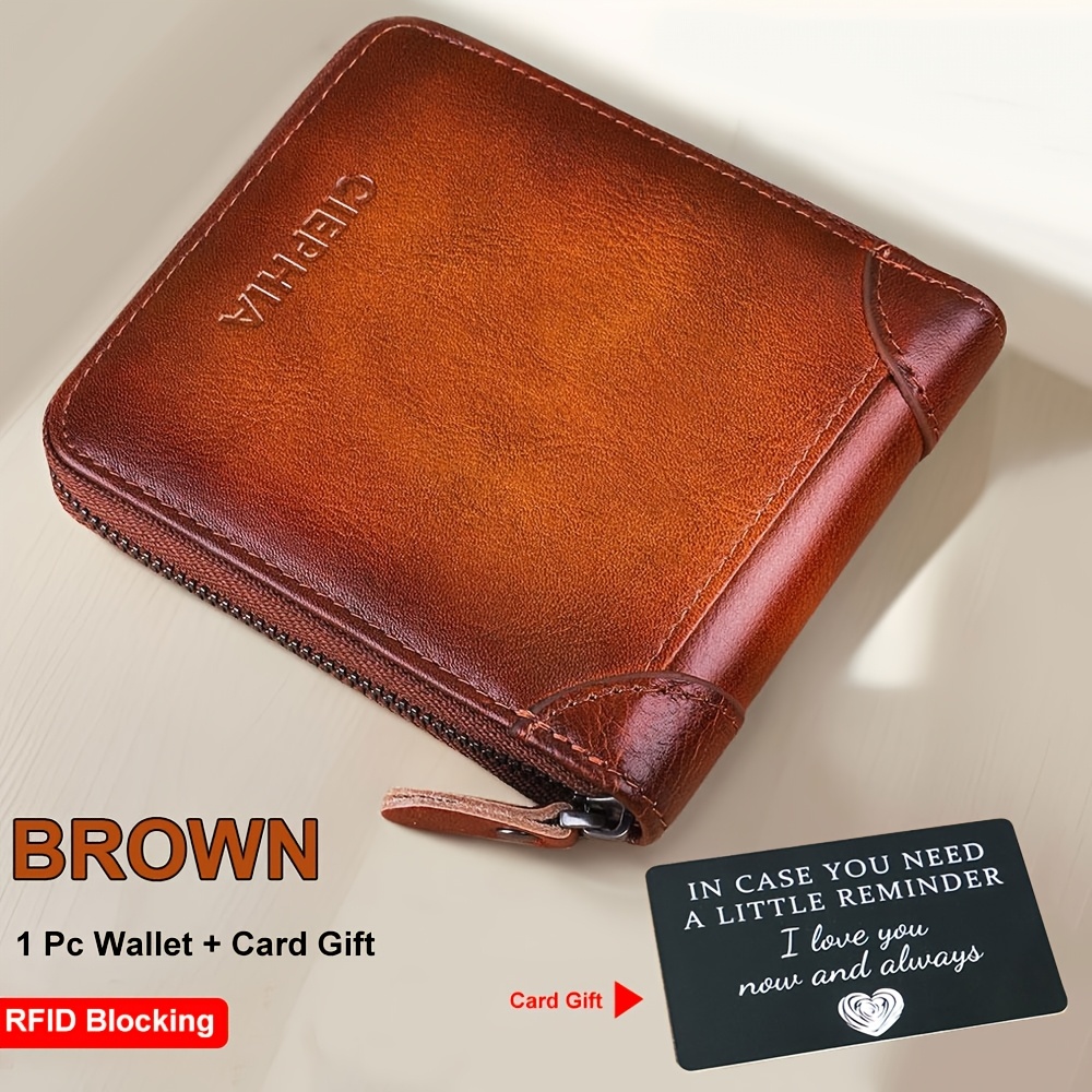 TEMU Men's Genuine Leather Zipper Wallet Large Capacity Double Fold Multi-card Top Layer Leather Wallets For Men And Coin Purse Christmas Father's