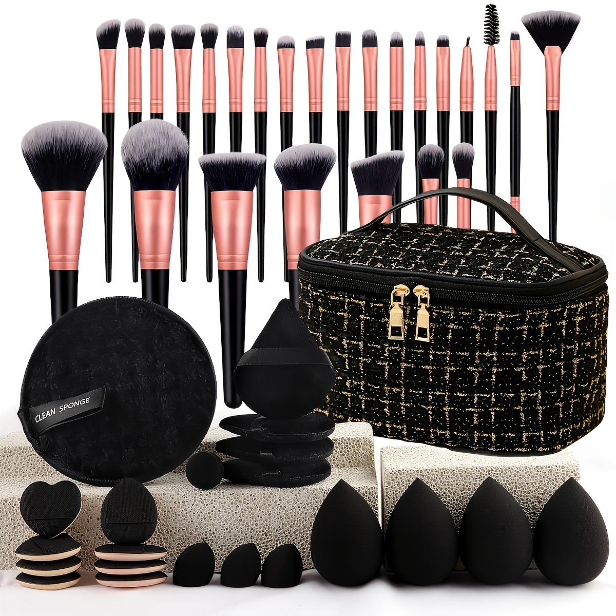 26pcs Trendy Black Complete Makeup Kit with Large-Capacity Bag