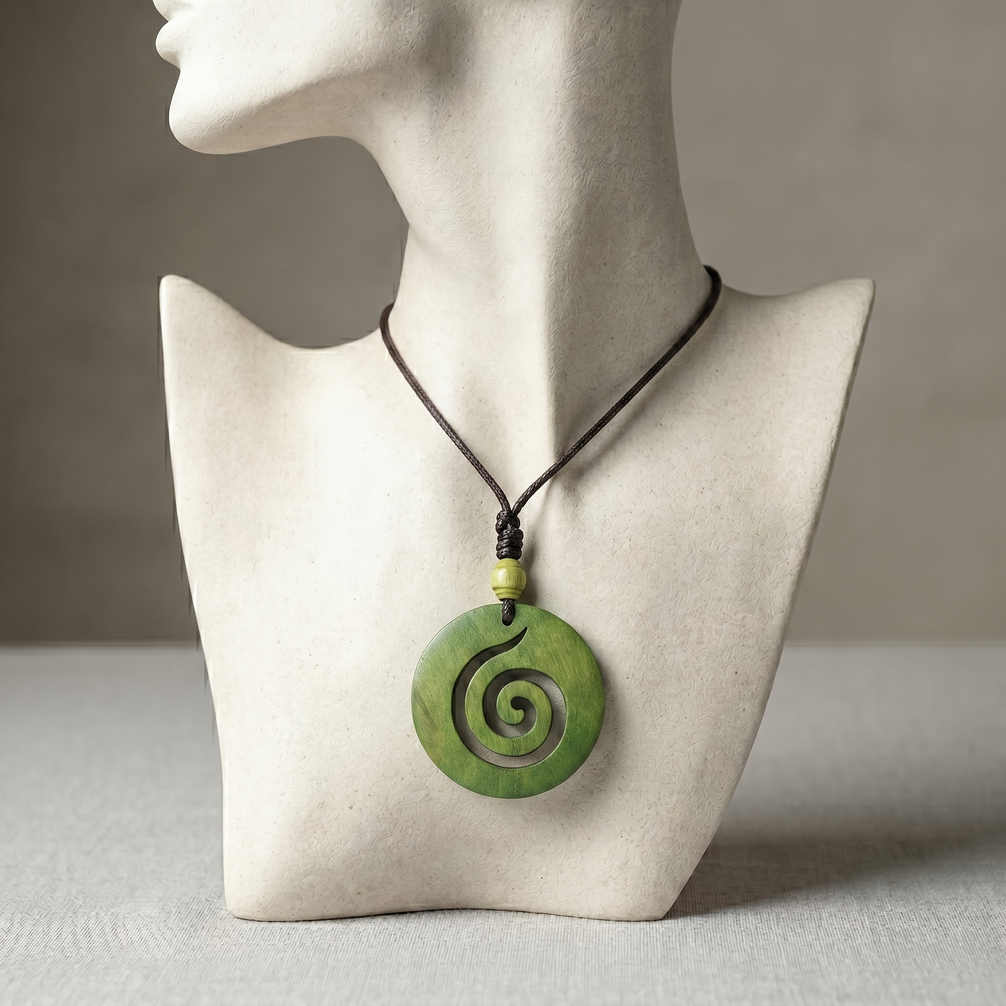 Bohemian Wood Spiral Necklace with Adjustable Wax Knot
