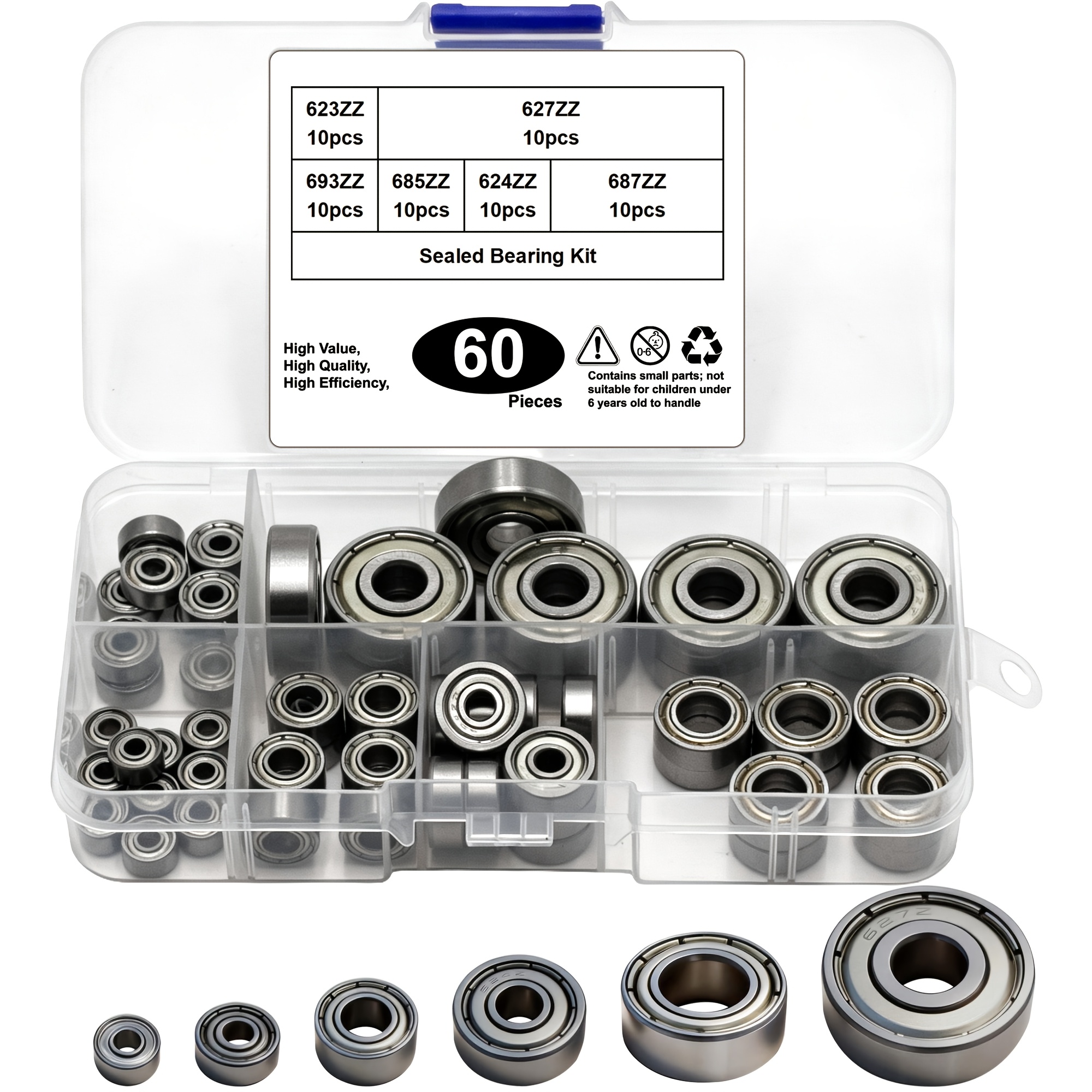 TEMU 60pcs Deep Ball Bearing Assortment Kit, 6 Sizes: 693zz, 623zz, 624zz, 685zz, 687zz, 627zz. Small Carbon Steel Deep Ball Bearings, Miniature Ball