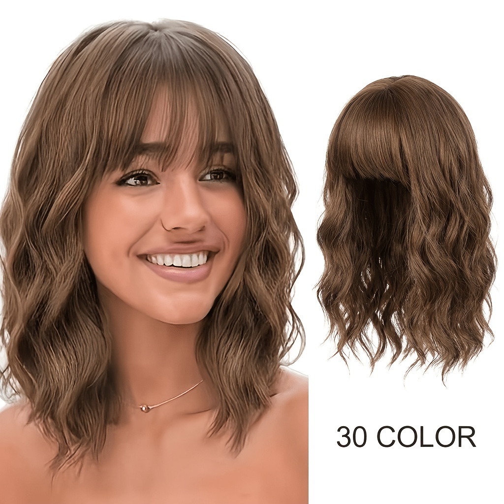 TEMU Light Brown Wavy Bob Wigs With Air Bangs For Women, Shoulder Length Body Wave Synthetic Wig Heat Resistant Fiber Daily Party Cosplay Hair Wig