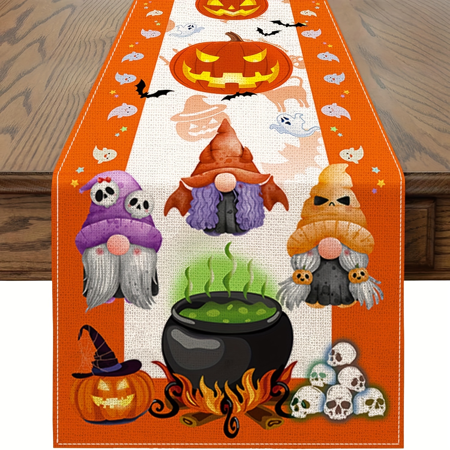 

1pc, Table Runner, Halloween Theme Gnome And Pumpkin Printed Table Runner, Dustproof & Wipe Clean Table Runner, Perfect For Home Party Decor, Dining Table Decoration, Festival Party Decor, Fall Decor