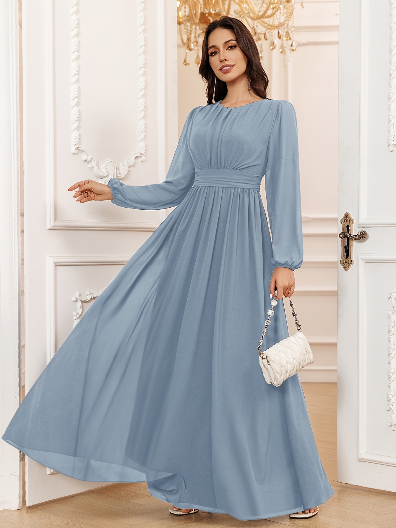 fitted lace wedding dress Round Neck A Line Wholesale Bridesmaid Dresses with Lantern Sleeves