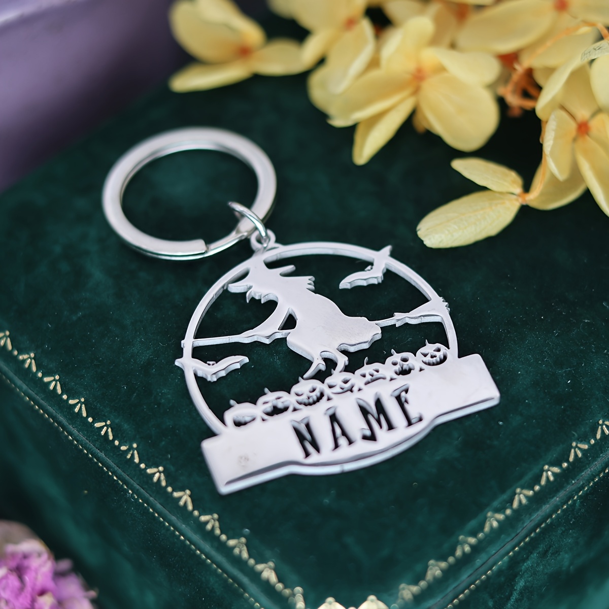 Image of Custom Broom Witch Pumpkin Keychain, Witchcraft Keyring Stainless Steel Keyring, Customized Engraved Letters Nameplate Halloween Key Chain