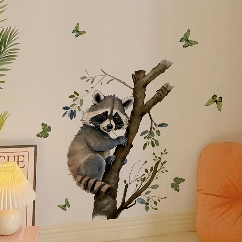 Realistic And Adorable Little Raccoon Climbing A Tree Branch Wall Sticker, Self-adhesive Art For Decorating Living Rooms, , And Bedrooms, Removable Pvc Wall Decal
