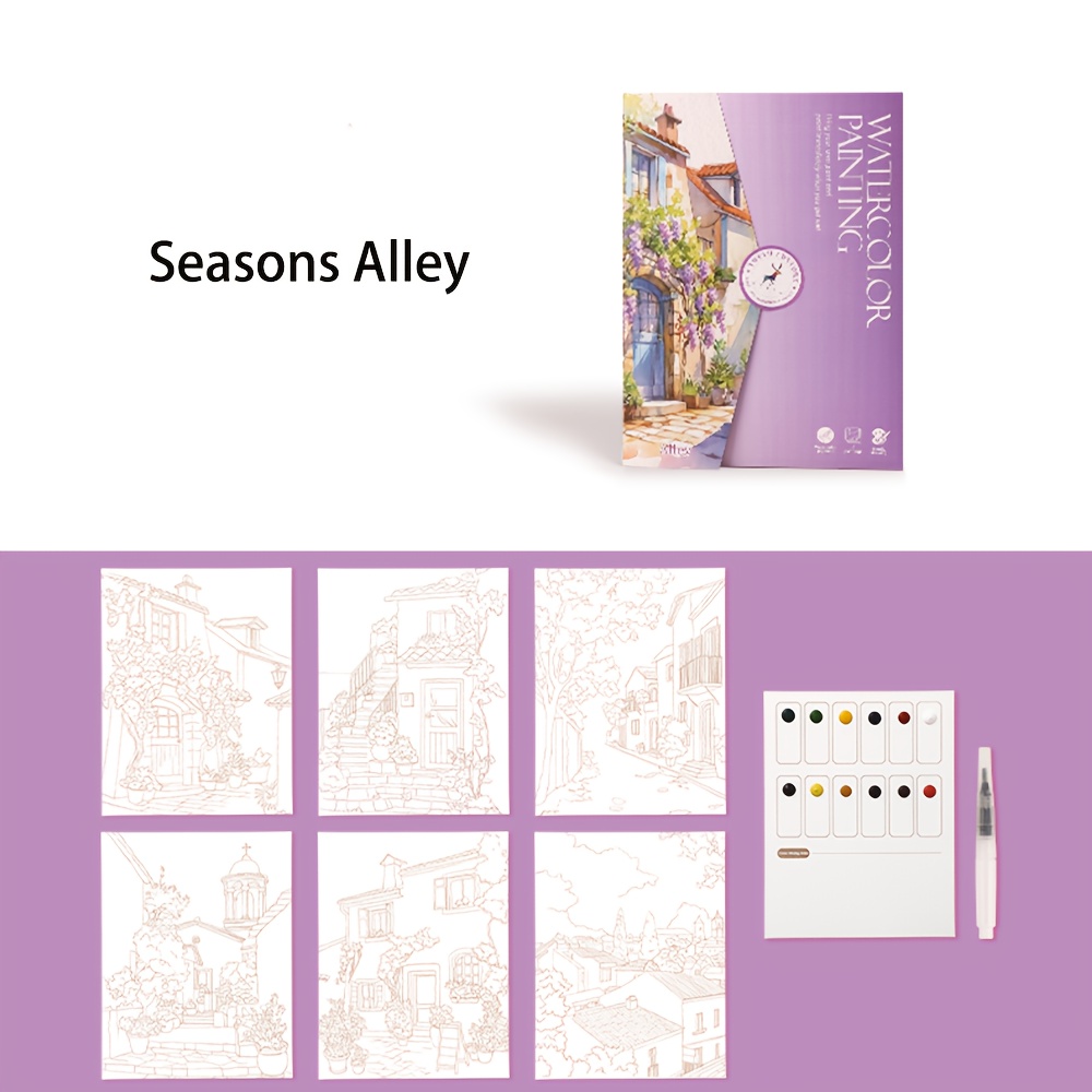 TEMU 6pcs Creative Watercolor Painting Set - Adult Coloring Books With Scenic & Floral Designs, Includes Watercolor Paper & Paints For Artistic