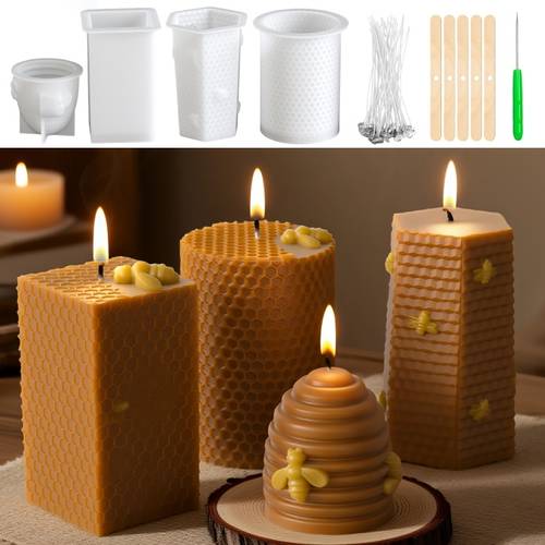 30pcs honey shaped candle making kit including 4 silicone molds 20 wicks 5 wick holders and 1 starter pin ideal for diy aromatherapy candles home decor and holiday gifts silicone molds are reusable to demold
