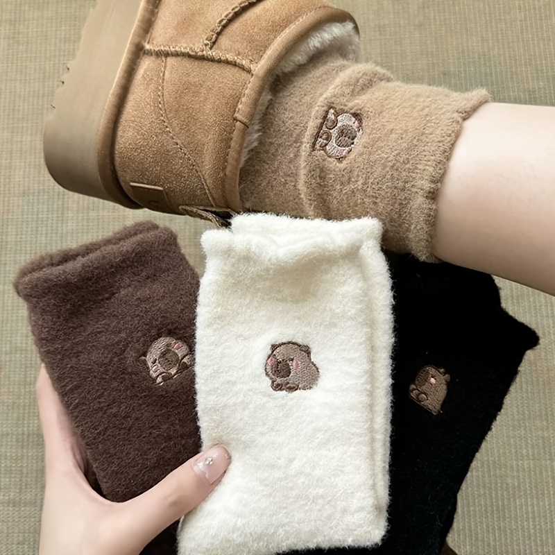 

5 Pairs Of Winter Capybara Socks For Women, Mid-calf Length, Featuring Cartoon Embroidery, Warm Australian, Socks, Mixed Colors In 5 Options.