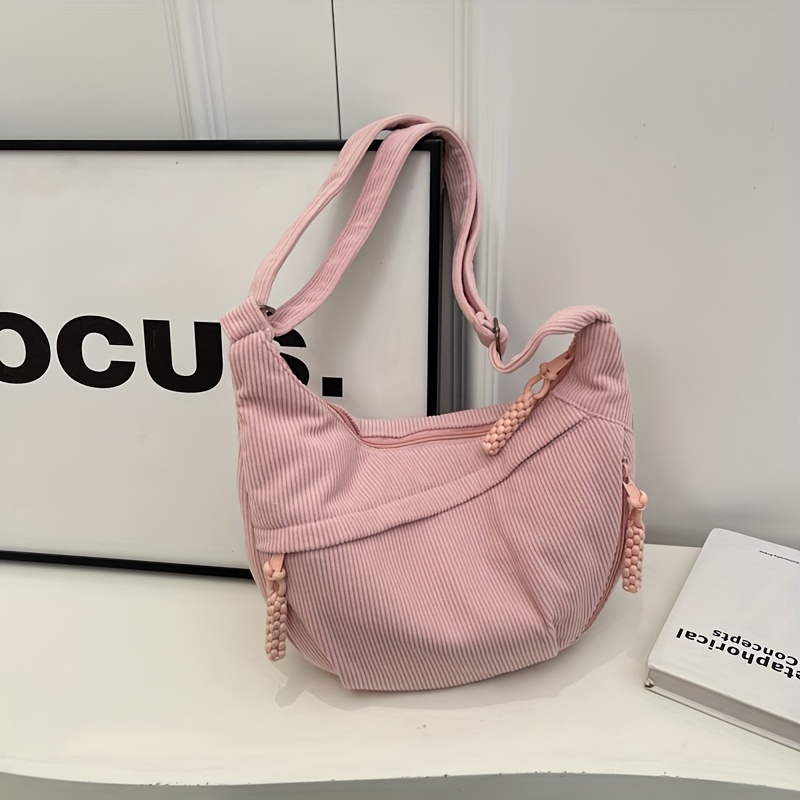 Image of Chic Corduroy Crescent Bag For Women - Adjustable Strap, Zip Closure, Solid Color Options