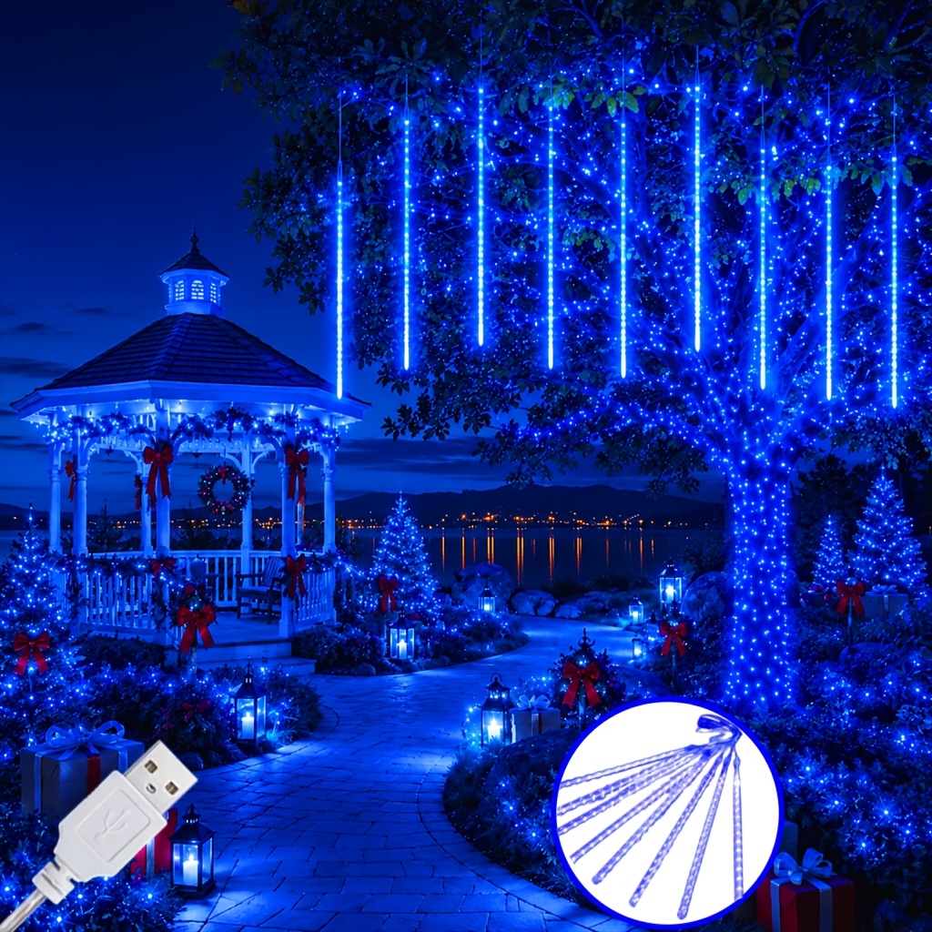 TEMU 1pc Guirlande Lumineuse de de Metéores 8 Tubes 5.0Mètres, Guirlande Lumineuse d'Extérieur Alimentation USB, Convient pour de Noël, Printemps et