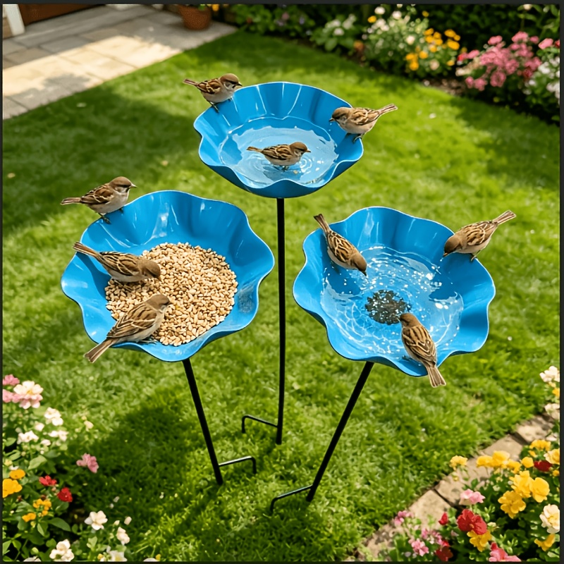 TEMU Lot de 3 Piquets de Sol en Métal avec Fleurs Bleues, Mangeoire à Oiseaux à Double , Plateau de Bain pour Oiseaux , Bol d'Eau d'Extérieur pour