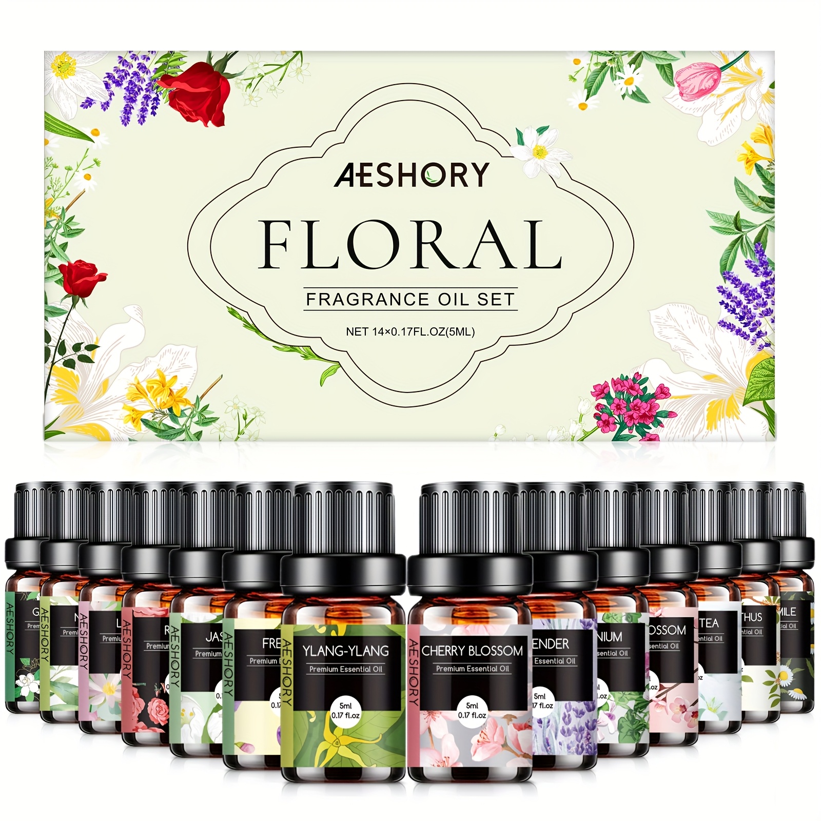 TEMU 14 X 5ml Floral Essential Oils Fragrance Oils Set, Premium Scented Oils For Diffusers For Home, Relaxing, Air , Diy Perfumes - Lavender, Rose, ,