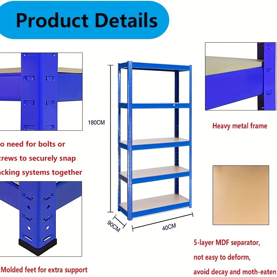 5-Tier Heavy-Duty Racking, Bolt-Free Industrial Storage Rack