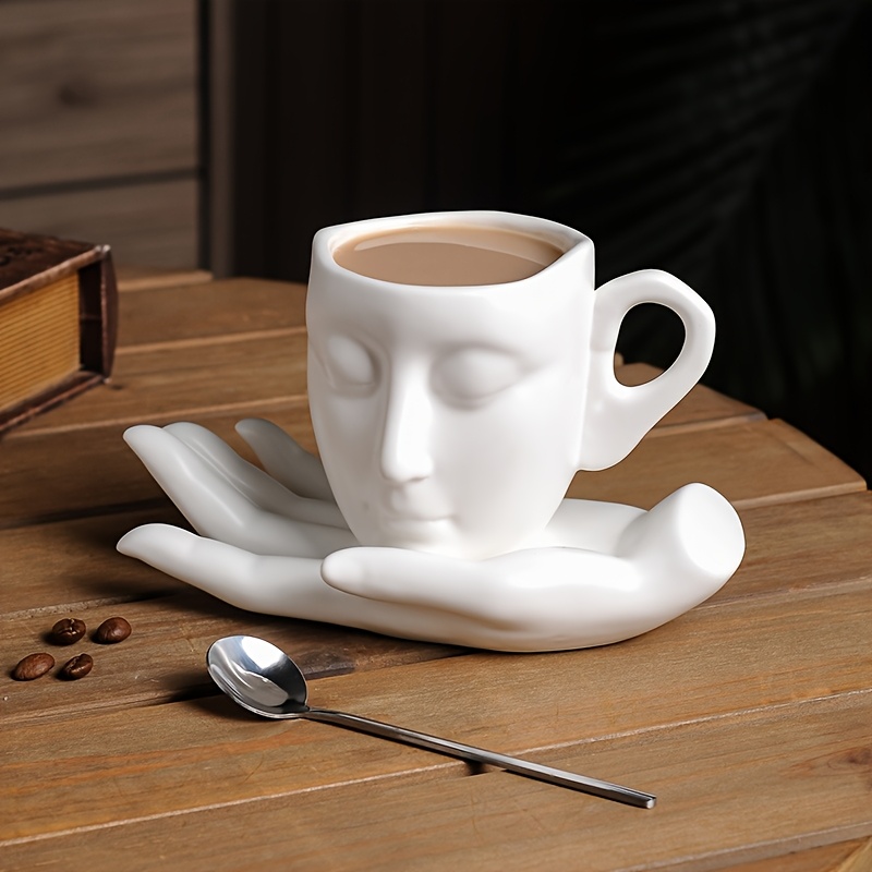 3pcs Set: Mug, Spoon, And Coaster - High-temperature Ceramic Creative Abstract Art Hand Face Coffee Cup And Saucer, Gift Cup - Hold With Your Hands