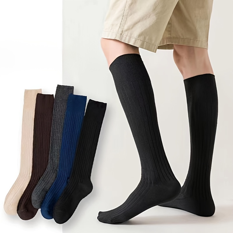 

5 Pairs Of Men's Solid Knee-high Socks, Anti Odor & Sweat Absorption Breathable Sport Socks, For All Seasons Wearing