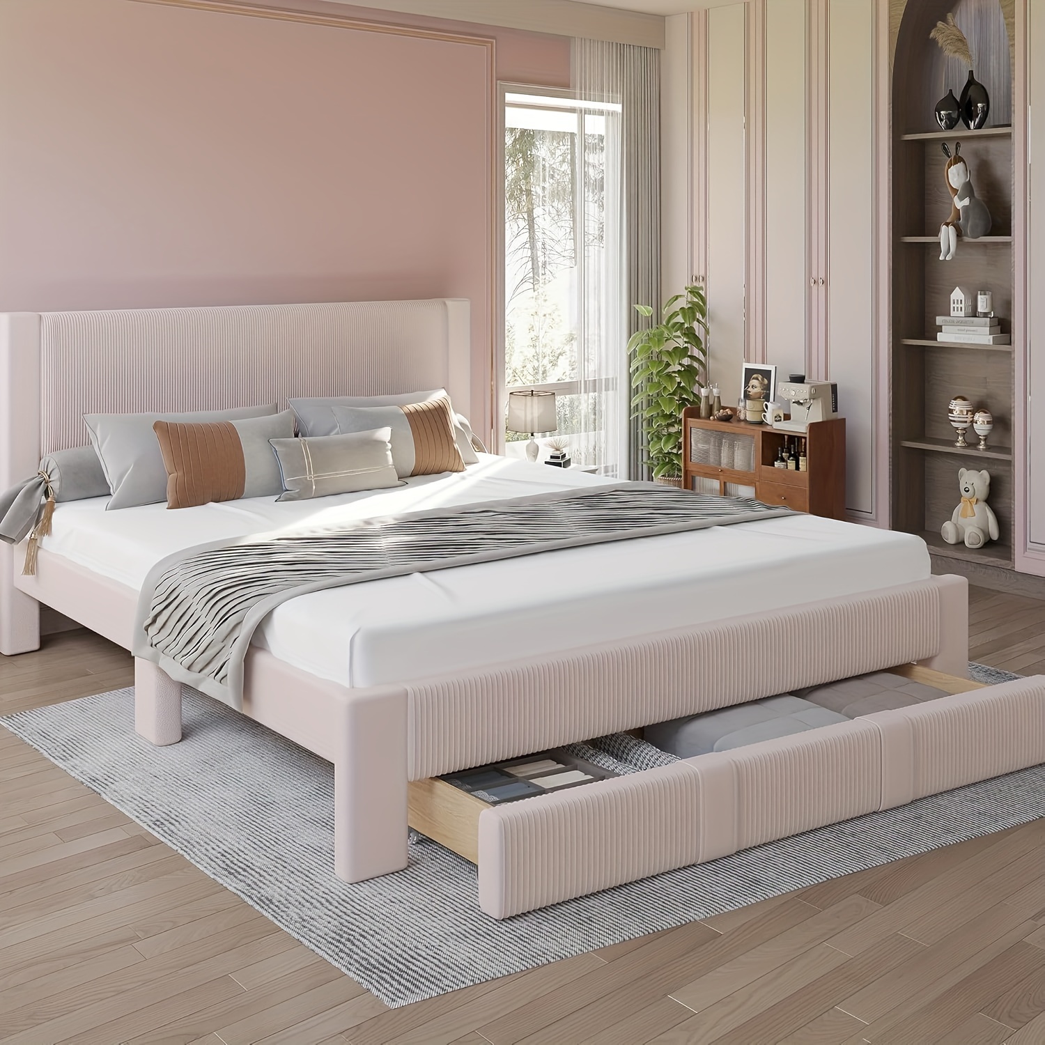 

Kerdom Bed Frame , Size Upholstered Footboard, 12-slats , Bed Drawer , Free 980lbs -bearing
