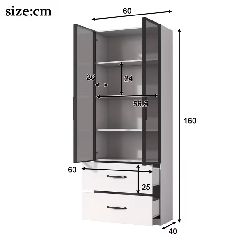 Modern White Glass & Metal Display Cabinet with Soft-Close Doors & Drawers - 60x40x160cm Freestanding Floor Cabinet, Heavy-Duty Composite Wood Back, Spacious Storage Bookshelf with Open/Enclosed Shelves for Living Room, Study, Home Office - Contemporary Multifunctional Furniture, China Cabinet For Living Room, Corner Cabinet For Living Room, Storage Cabinet With Door And Shelves, Display Case For Collectible, Curio Cabinet, Curio Display Cabinet, China Cabinet