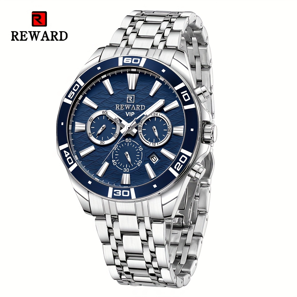 reward vip mens quartz wristwatch   with sequins round   alloy case stainless steel strap chronograph date 24 hours display luminous battery powered non rechargeable   watch details 0