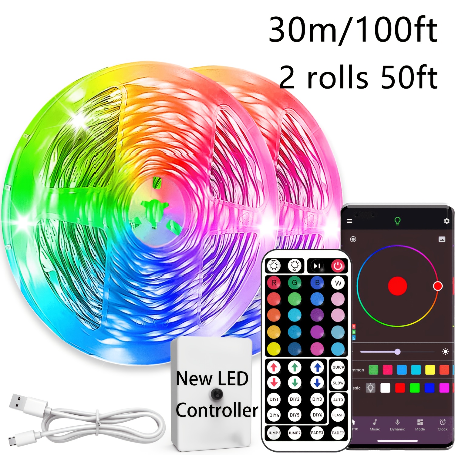 TEMU Nbbuff Smart Bedroom Rgb Light Strip, 3ft-100ft Indoor Led Lights, With 44-key Remote Control, Music Sync, Timer, And App Control, Multiple