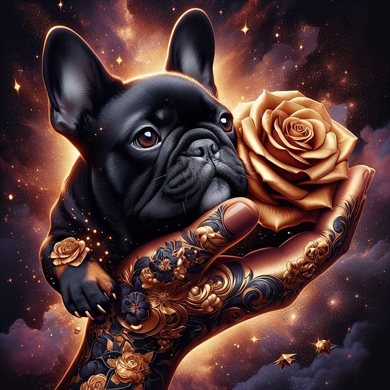 

15.7x15.7inch Round Diamond Painting Kit, Black French Bulldog With Rose, Canvas Material, Artwork, Perfect Gift For Home Decor And