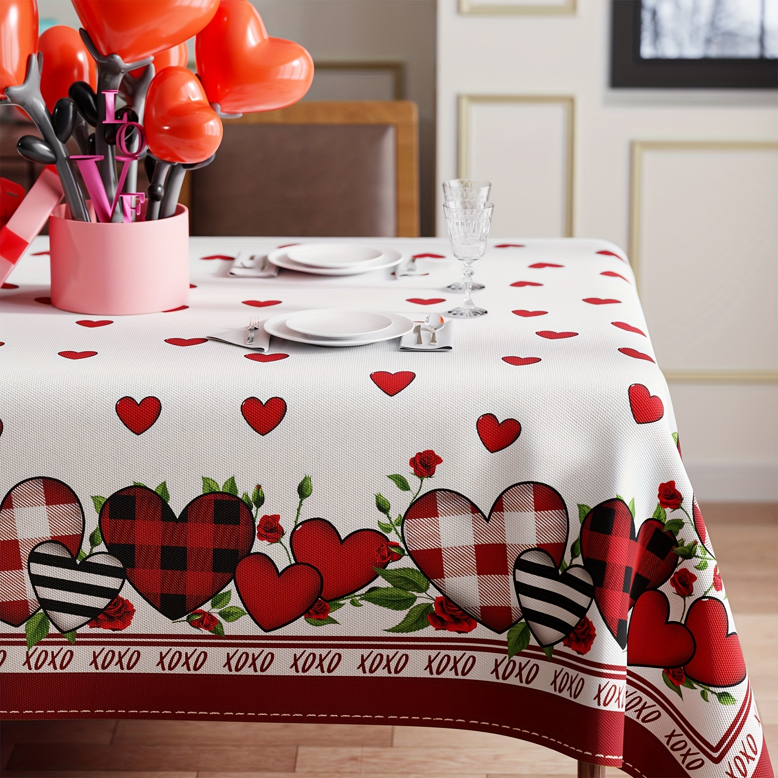 

Valentine's Day Tablecloth - Romantic Design, Washable Polyester, Rectangle 60x84 Inch - Indoor & Outdoor Dining And Party Decor