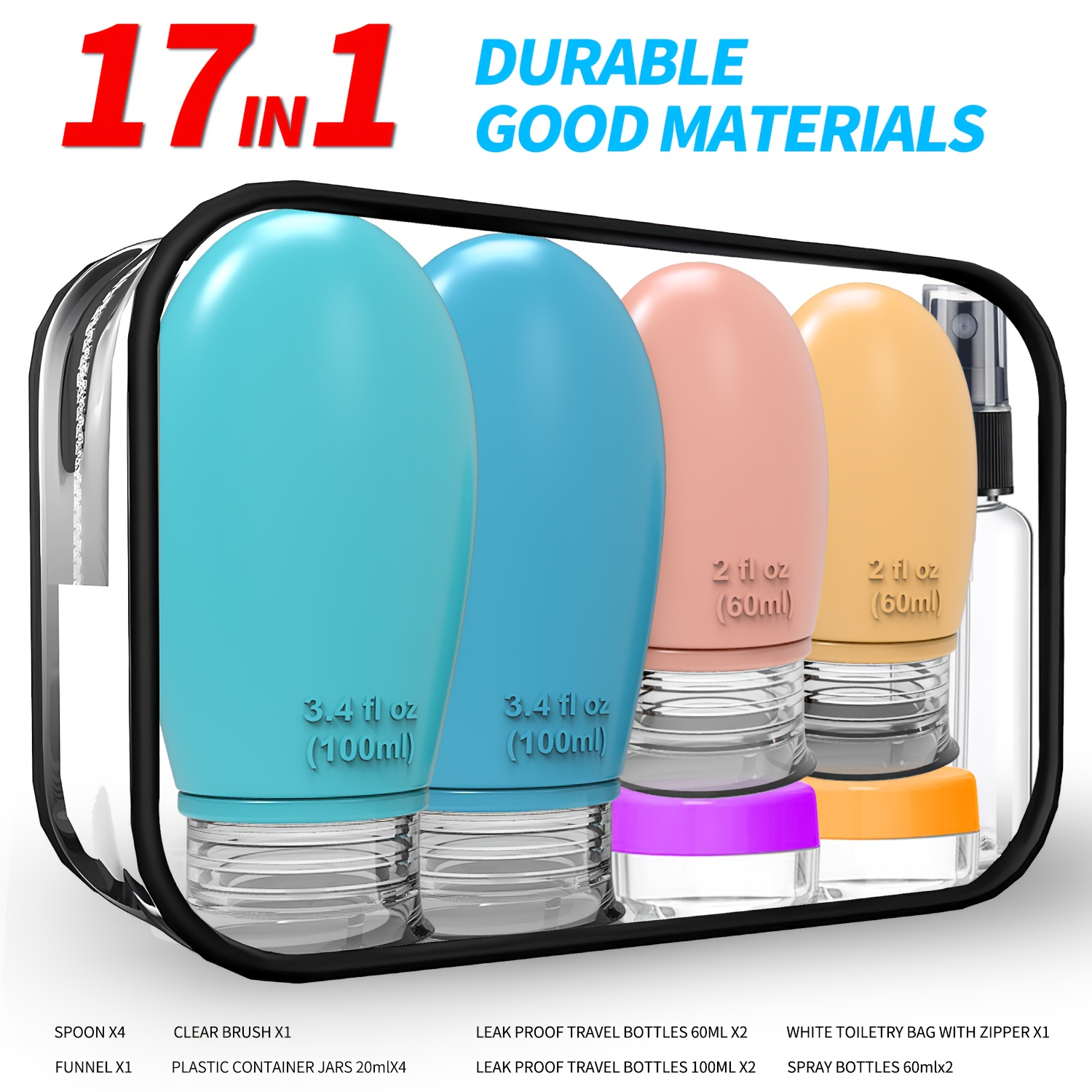 

17 In1 Pack Travel Bottles Set For Toiletries, Leak Proof Tsa Approved Travel Size Containers Silicone For Shampoo Conditioner Lotion Creams